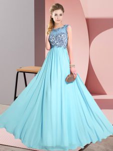 Sophisticated Aqua Blue Chiffon Backless Scoop Sleeveless Floor Length Dama Dress for Quinceanera Beading and Appliques