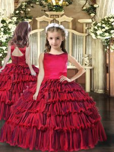 Customized Red Lace Up Scoop Ruffled Layers Girls Pageant Dresses Sleeveless