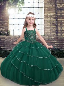 Dramatic Peacock Green Lace Lace Up Little Girl Pageant Gowns Sleeveless Floor Length Beading