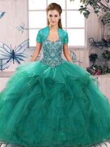 Customized Turquoise Sleeveless Beading and Ruffles Floor Length 15 Quinceanera Dress
