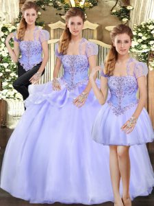Sleeveless Floor Length Beading and Appliques Lace Up Sweet 16 Dress with Lavender
