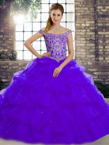 Purple Ball Gowns Tulle Off The Shoulder Sleeveless Beading and Pick Ups Lace Up Quinceanera Dresses Brush Train