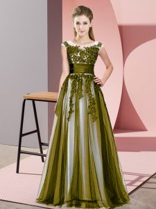 Scoop Sleeveless Zipper Dama Dress for Quinceanera Olive Green Tulle