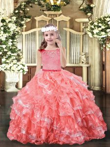 Watermelon Red Scoop Zipper Lace and Ruffled Layers Pageant Dress Sleeveless