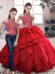 Lace Up Quince Ball Gowns Red for Sweet 16 and Quinceanera with Beading and Ruffles