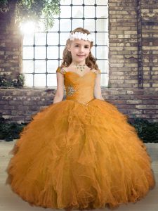 Best Gold Ball Gowns Straps Sleeveless Tulle Floor Length Lace Up Beading and Ruffles Little Girl Pageant Gowns