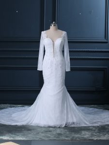 White Mermaid Tulle and Lace Sweetheart Long Sleeves Beading and Lace Backless Wedding Dress Court Train