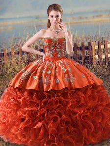 Orange Red Sleeveless Fabric With Rolling Flowers Brush Train Lace Up Sweet 16 Dress for Sweet 16 and Quinceanera