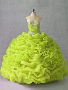 Beautiful Organza Sweetheart Sleeveless Lace Up Beading and Pick Ups and Hand Made Flower 15th Birthday Dress in Yellow Green