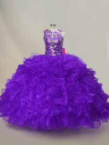 Purple Lace Up Scoop Ruffles and Sequins Quinceanera Gowns Organza Sleeveless