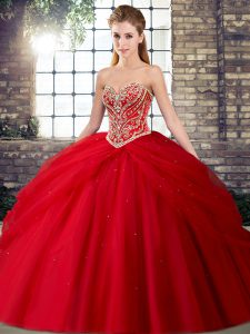 Traditional Red Sweetheart Neckline Beading and Pick Ups Sweet 16 Dresses Sleeveless Lace Up