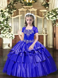 New Arrival Sleeveless Floor Length Beading and Ruffled Layers Lace Up Kids Pageant Dress with Blue