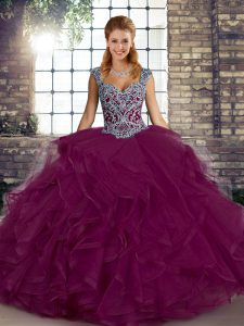 Fuchsia Straps Lace Up Beading and Ruffles Quinceanera Gowns Sleeveless