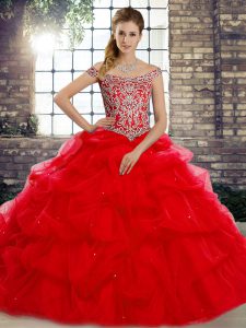 Luxurious Red 15th Birthday Dress Military Ball and Sweet 16 and Quinceanera with Beading and Pick Ups Off The Shoulder Sleeveless Brush Train Lace Up