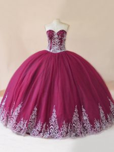 Colorful Burgundy Ball Gowns Sweetheart Sleeveless Tulle Floor Length Lace Up Embroidery Quinceanera Dress