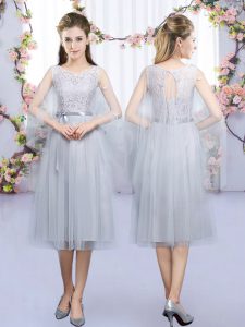 Top Selling Scoop Sleeveless Lace Up Bridesmaid Dress Grey Tulle