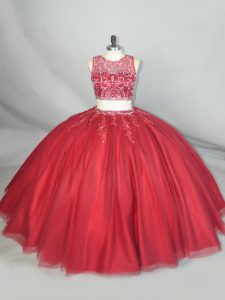 Customized Sleeveless Floor Length Beading and Appliques Zipper Sweet 16 Quinceanera Dress with Red