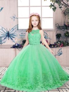 Green Ball Gowns Tulle Scoop Sleeveless Lace and Appliques Floor Length Backless Pageant Gowns