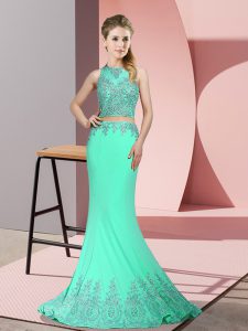 Satin Sleeveless Prom Dress Sweep Train and Beading and Appliques