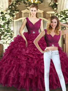 Traditional Floor Length Two Pieces Sleeveless Burgundy Quinceanera Dress Backless