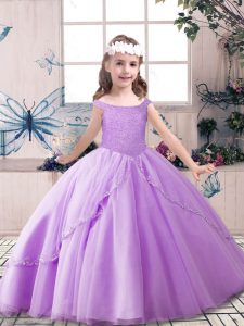 Perfect Sleeveless Floor Length Beading Lace Up Pageant Dress Toddler with Lavender