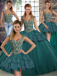 Green Lace Up Quinceanera Dress Beading and Appliques Sleeveless Floor Length