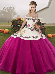 New Style Ball Gowns Quinceanera Dress Fuchsia Off The Shoulder Organza Sleeveless Floor Length Lace Up