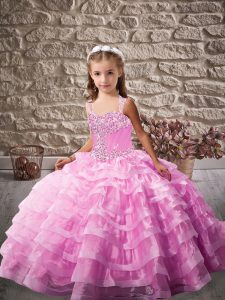 Beading and Ruffled Layers Pageant Dress Toddler Lilac Lace Up Sleeveless Brush Train