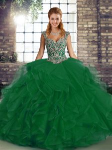 Attractive Green Ball Gowns Beading and Ruffles Sweet 16 Dresses Lace Up Tulle Sleeveless Floor Length