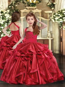 Straps Sleeveless Little Girls Pageant Dress Floor Length Ruffles Red Organza