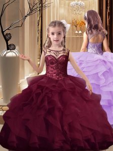 Popular Burgundy Ball Gowns Scoop Sleeveless Organza Brush Train Lace Up Beading and Ruffles Little Girls Pageant Dress