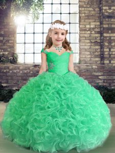 Apple Green Ball Gowns Beading Little Girl Pageant Dress Lace Up Fabric With Rolling Flowers Sleeveless Floor Length