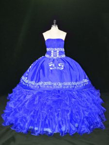 Ideal Blue Sleeveless Floor Length Embroidery and Ruffles Lace Up Sweet 16 Dresses