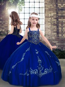New Style Floor Length Royal Blue Girls Pageant Dresses Lace Sleeveless Beading