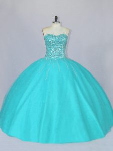Discount Floor Length Aqua Blue Quinceanera Gown Sweetheart Sleeveless Lace Up