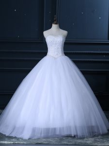 White Sweetheart Lace Up Beading and Lace Wedding Gown Sleeveless