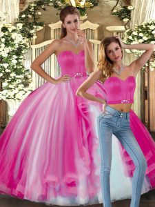 Luxury Fuchsia Sleeveless Floor Length Beading Lace Up Ball Gown Prom Dress