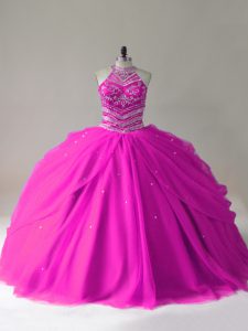 Top Selling Fuchsia Ball Gowns Halter Top Sleeveless Tulle Lace Up Beading 15 Quinceanera Dress