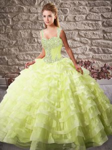 Yellow Green Lace Up Quinceanera Dresses Beading and Ruffled Layers Sleeveless Court Train