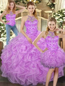 Modern Halter Top Sleeveless Tulle Quinceanera Dress Beading and Ruffles Lace Up