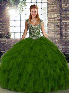 Olive Green Organza Lace Up Straps Sleeveless Floor Length 15th Birthday Dress Beading and Ruffles