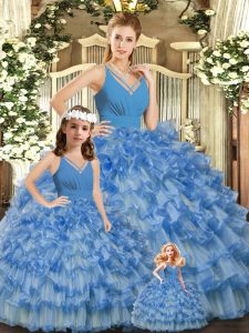 Beauteous Blue Ball Gowns V-neck Sleeveless Organza Floor Length Backless Ruffled Layers and Ruching Sweet 16 Quinceanera Dress