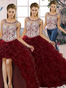Hot Sale Three Pieces Quinceanera Gown Burgundy Scoop Organza Sleeveless Floor Length Lace Up