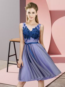 Elegant Lavender Empire Appliques Vestidos de Damas Lace Up Tulle Sleeveless Knee Length