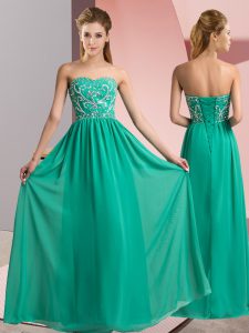 Turquoise Lace Up Prom Dresses Beading Sleeveless Floor Length