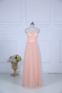 Low Price Ruching Damas Dress Peach Zipper Sleeveless Floor Length