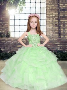 Best Tulle Straps Sleeveless Lace Up Beading and Ruffles Little Girl Pageant Dress in Apple Green
