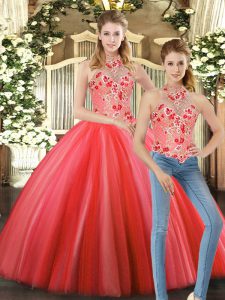 Sleeveless Tulle Floor Length Lace Up Ball Gown Prom Dress in Coral Red with Embroidery