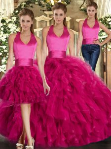 Tulle Halter Top Sleeveless Lace Up Ruffles Quinceanera Dress in Fuchsia