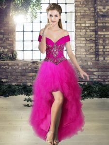 Exquisite Tulle Sleeveless High Low Prom Gown and Beading and Ruffles